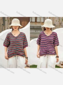 Wholesale Women's Casual Comfort V Neck Top Half Sleeve Colorblock Striped Blouse With Drawstring, LIUHUA CLOTHING WHOLESALE