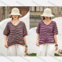 Wholesale Women's Casual Comfort V Neck Top Half Sleeve Colorblock Striped Blouse With Drawstring preview