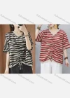 Wholesale Women's Casual Comfort V Neck Top Half Sleeve Striped Blouse With Drawstring - Liuhuamall