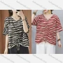 Wholesale Women's Casual Comfort V Neck Top Half Sleeve Striped Blouse With Drawstring preview