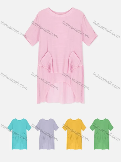 Wholesale Woman's Casual Round Neck Short Sleeve Dual Pockets Tiered Plain Tunic