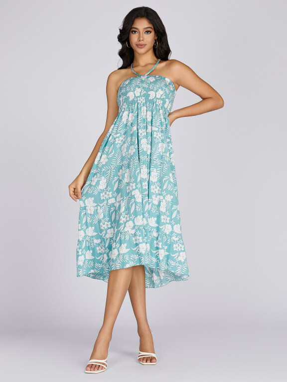Women's Casual Sleeveless Halter Allover Floral Print High Low Hem Shirred Knee Length Dress, Clothing Wholesale Market -LIUHUA, 
