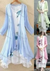 Wholesale Women's Elegant Crew Neck Half Sleeve Tiered Midi Dress & Cardigan Set - Liuhuamall