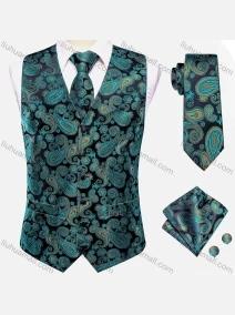 Wholesale Men's Formal Paisley Print Silky Waistcoat With Necktie & Kerchief & Cufflinks 4-piece Set, LIUHUA CLOTHING WHOLESALE