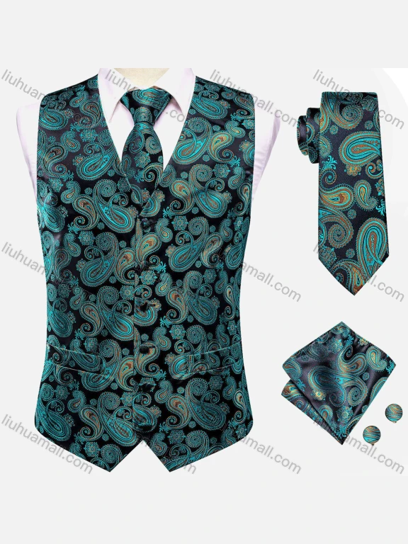Wholesale Men's Formal Paisley Print Silky Waistcoat With Necktie & Kerchief & Cufflinks 4-piece Set
