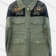 Wholesale Women's Fashion Collared Flap Pockets Beaded Embroidery Floral Colorblock Overshirt Olive Drab Clothing Wholesale Market Liuhua