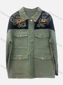 Wholesale Women's Fashion Collared Flap Pockets Beaded Embroidery Floral Colorblock Overshirt, LIUHUA CLOTHING WHOLESALE