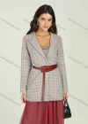 Wholesale Women's Plaid Lapel Belted Blazer With Pleated Veil Skirt 2 Piece Set - Liuhuamall