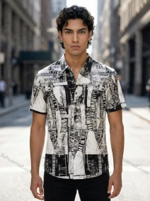 Wholesale In Stock Men's Slim Fit Short Sleeve Shirt, Abstract Black - White Geometric Print Turn - Down Collar Casual B, LIUHUA CLOTHING WHOLESALE