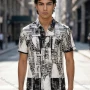 Wholesale In Stock Men's Slim Fit Short Sleeve Shirt, Abstract Black - White Geometric Print Turn - Down Collar Casual B preview