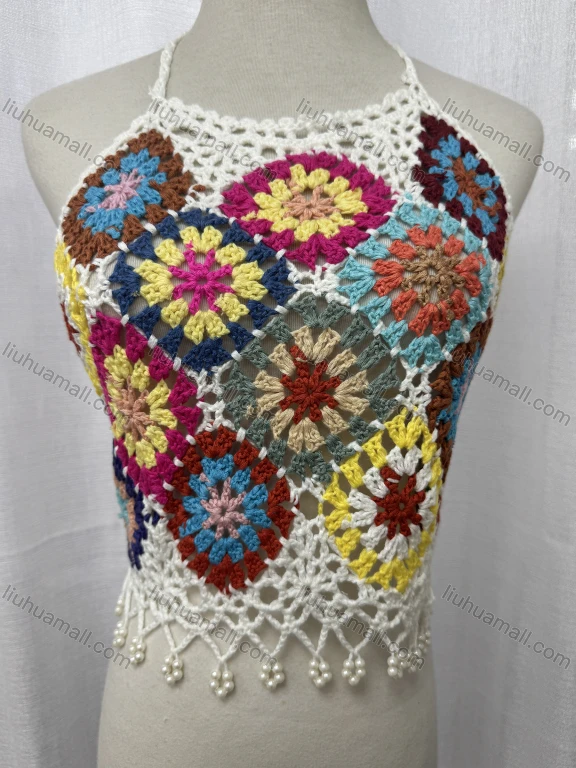 Wholesale Women's Colorful Crochet Halter Coverup Top with Granny Square Pattern and Vibrant Floral Motifs L036#