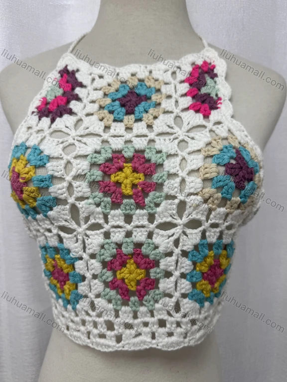 Wholesale Charming Crochet Halter Top with Multi-Colored Granny Squares and Pearl Trim L038#