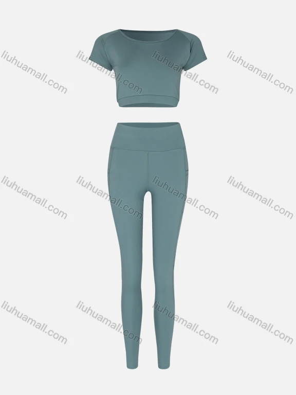 Wholesale Women's Sporty Quick Dry Short Sleeve Top & Patch Pockets Leggings Set 9989#