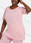 Wholesale Women's Casual Lounge Floral Short Sleeve Lace Trim Plain T-shirt & Pant Pajamas Sets - Liuhuamall