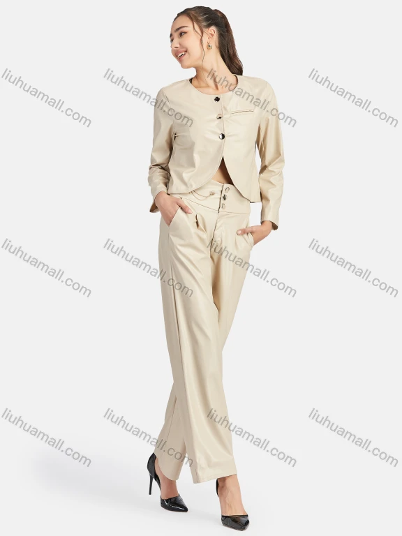 Wholesale Women's Casual Plain Button Front Leather Jacket & Pant 2-Piece Set 9166-1#