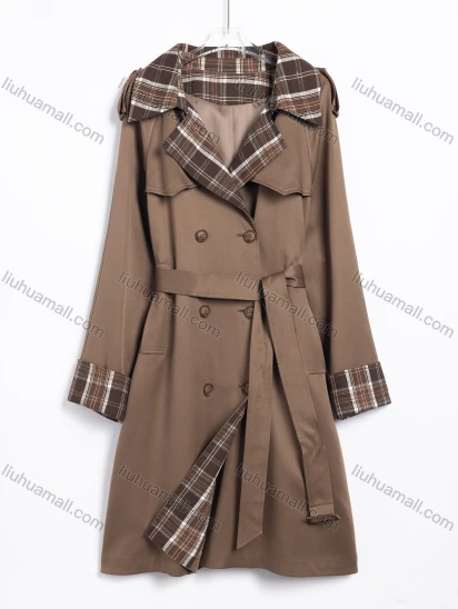 Wholesale Women's Casual Plaid Lapel Double-Breasted Belted Trench Coat
