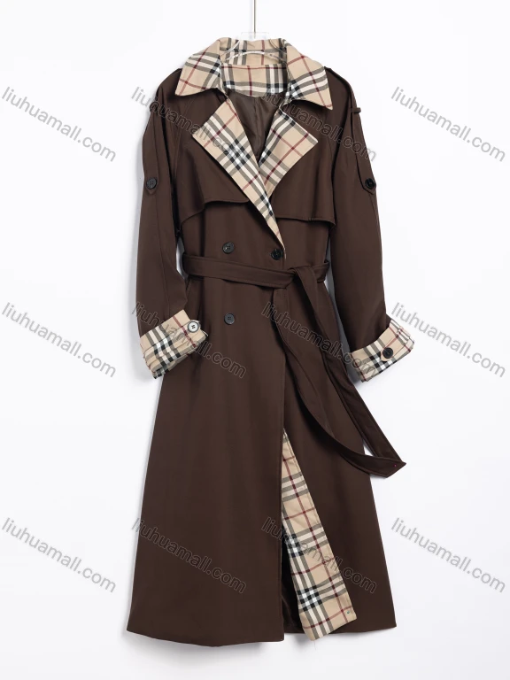 Wholesale Women's Casual Plaid Lapel Double-Breasted Belted Trench Coat