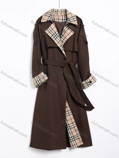 Wholesale Women's Casual Plaid Lapel Double-Breasted Belted Trench Coat