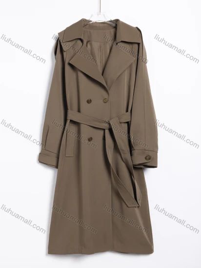 Wholesale Women's Casual Solid Double-Breasted Belted Long Trench Coat