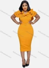 Wholesale Women's Plain Layered Ruffle Trim Bodycon Cocktail Midi Dress With Belt - Liuhuamall