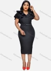 Wholesale Women's Plain Layered Ruffle Trim Bodycon Cocktail Midi Dress With Belt - Liuhuamall