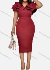 Wholesale Women's Plain Layered Ruffle Trim Bodycon Cocktail Midi Dress With Belt - Liuhuamall