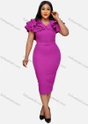 Wholesale Women's Plain Layered Ruffle Trim Bodycon Cocktail Midi Dress With Belt - Liuhuamall
