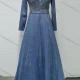 Wholesale Women's Elegant V Neck Plain Sheer Lace Rhinestone Glitter Long Sleeve Maxi Evening Dress 598# Blue Clothing Wholesale Market Liuhua