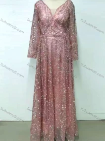Wholesale Women's Elegant V Neck Sheer Lace Sequin Glitter Long Sleeve Maxi Evening Dress LH801#, LIUHUA CLOTHING WHOLESALE