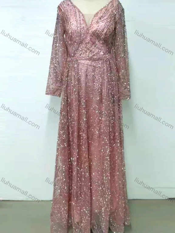 Wholesale Women's Elegant V Neck Sheer Lace Sequin Glitter Long Sleeve Maxi Evening Dress LH801#