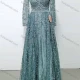 Wholesale Women's Elegant V Neck Sheer Lace Sequin Embroidery Leaf Long Sleeve Evening Dress LH802# Green Clothing Wholesale Market Liuhua