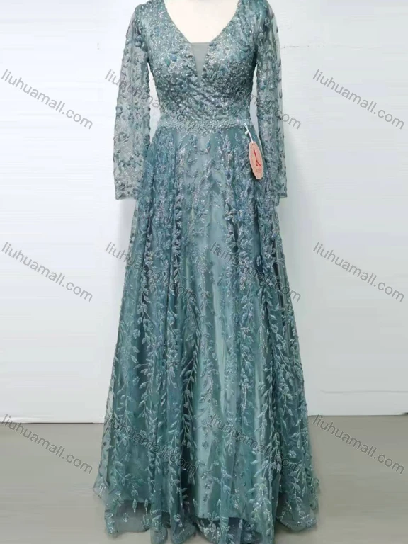 Wholesale Women's Elegant V Neck Sheer Lace Sequin Embroidery Leaf Long Sleeve Evening Dress LH802#