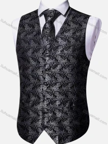 Wholesale Men's Formal Paisley Print V Neck Single Breasted Silky Waistcoat & Necktie 2-piece Set, LIUHUA CLOTHING WHOLESALE