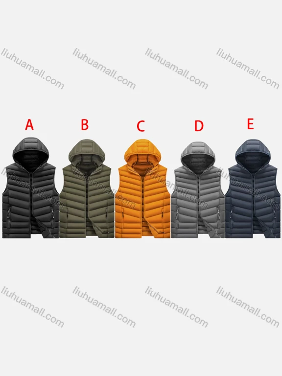 Wholesale Men's Casual Plain Hooded Zipper Pockets Thermal Lined Puffer Vest Jacket 330#