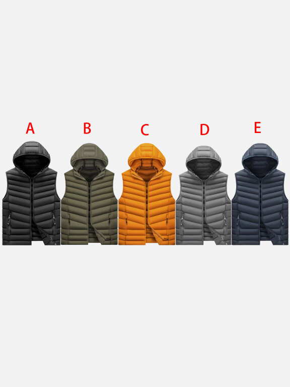Men's Casual Plain Hooded Zipper Pockets Thermal Lined Puffer Vest Jacket 330#, Clothing Wholesale Market -LIUHUA, MEN, Outerwears