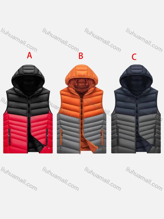 Wholesale Men's Casual Coloblock Hooded Zipper Pockets Thermal Lined Puffer Vest Jacket 339#