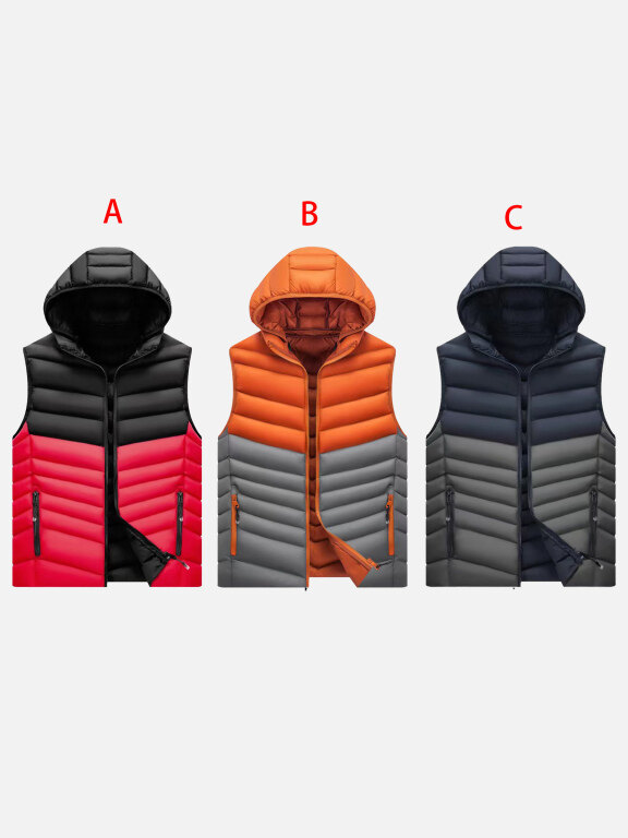 Men's Casual Coloblock Hooded Zipper Pockets Thermal Lined Puffer Vest Jacket 339#, Clothing Wholesale Market -LIUHUA, MEN, Outerwears