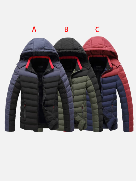 Men's Casual Colorblock Hooded Zipper Pockets Thermal Lined Puffer Jacket 2077#, Clothing Wholesale Market -LIUHUA, MEN, Outerwears