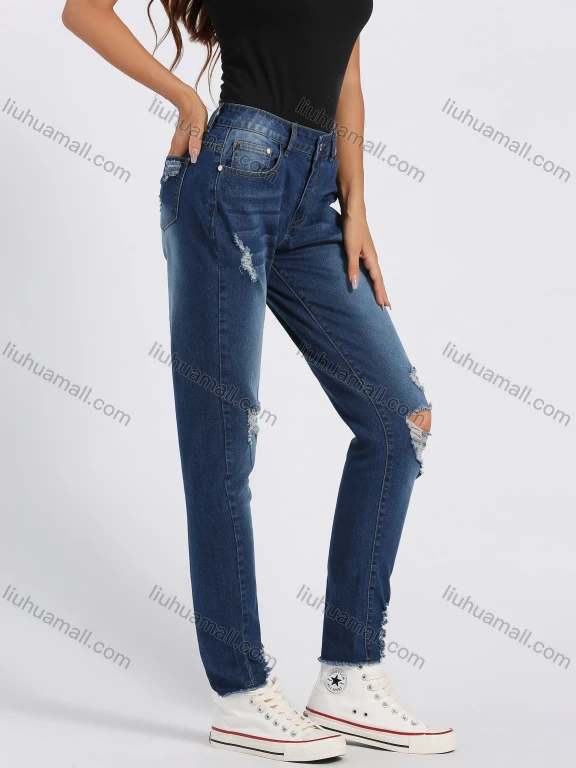 Wholesale Women's Fashion Ripped Distressed Patch Pocket High Waist Wash Slim Fit Jeans