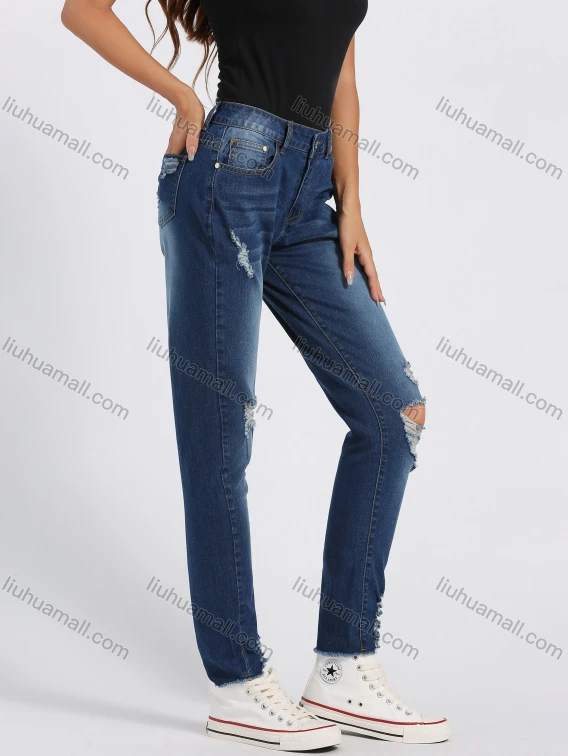 Wholesale Women's Fashion Ripped Distressed Patch Pocket High Waist Wash Slim Fit Jeans, Guangzhou Clothing Wholesale Market & Suppliers - LIUHUAMALL, Women