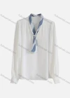 Wholesale Women's Casual Lantern Sleeve Ruched Pearl Decor Tie Neck Ruffle Trim Plain Blouse 418385# - Liuhuamall