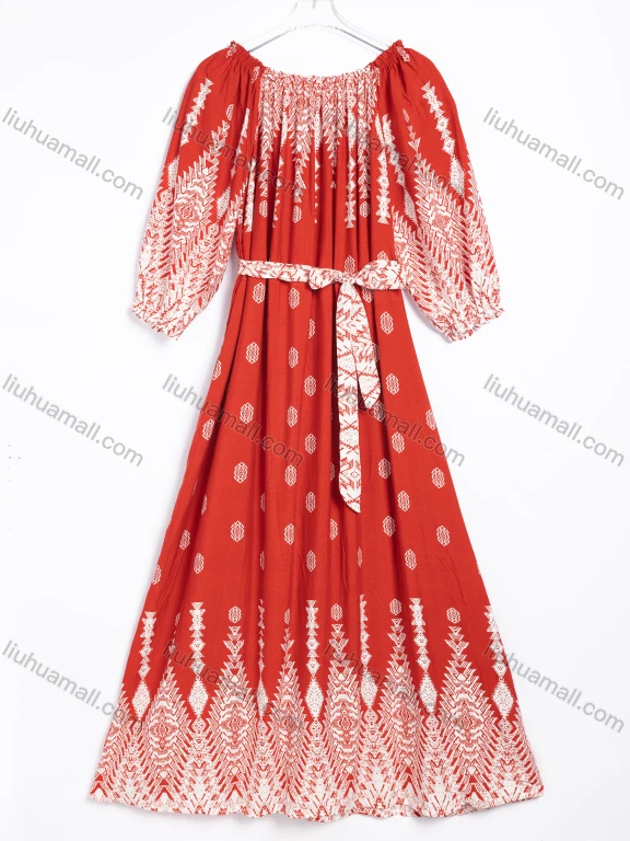 Wholesale Women's Elegant Geometric Print Puff Sleeve Tie Neck Maxi Dress