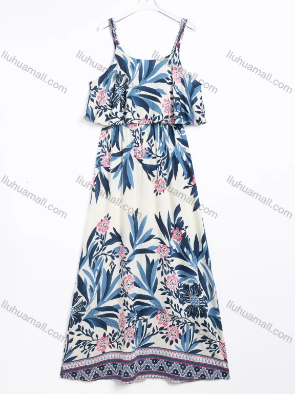 Wholesale Women's Elegant Floral Print Short Sleeve Square Neck Maxi Dress