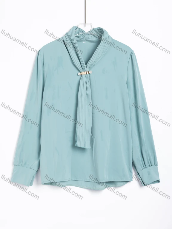 Wholesale Women's Elegant Pleated Neck Tie Pearl-Embellished Long Sleeve Blouse