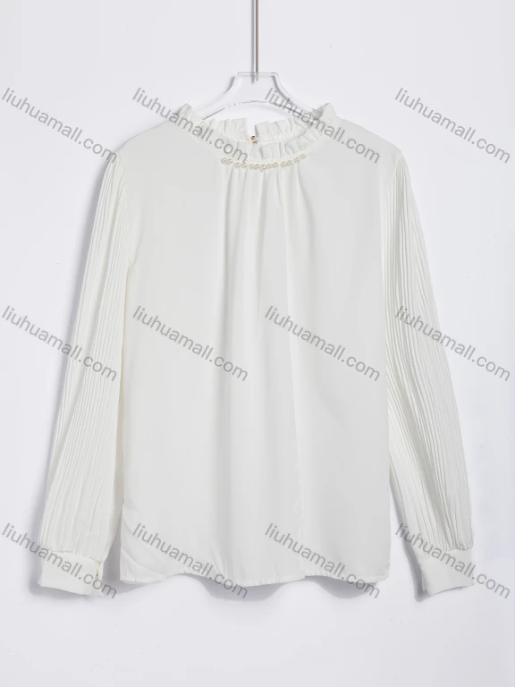 Wholesale Women's Elegant Pearl-Embellished Ruffled Collar Long Sleeve Blouse