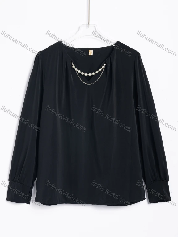Wholesale Women's Elegant Pearl-Embellished V-Neck Long Sleeve Blouse