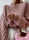 Wholesale Women's Plain Lantern Sleeve Honeycomb Chunky Knit Sweater - Liuhuamall