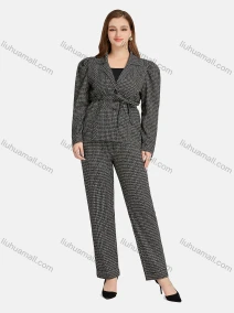 Wholesale Women's Formal Long Sleeve Button Front Plaid Suit Jackets 2-piece Set, LIUHUA CLOTHING WHOLESALE