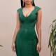 Women's Casual Plain Deep V Neck Sleeveless Bodycon Knee Length Tank Dress Dark Green Clothing Wholesale Market -LIUHUA