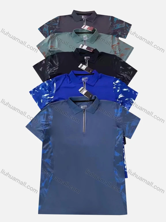 Wholesale Men's Quick Dry Workout Splicing Print Short Sleeve Sports Quarter Zip Polo Shirt P72#